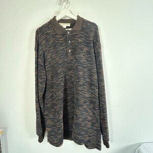 Jhane Barnes Menswear Wool Blend Long Sleeve Polo Sweater Large Black Space Dye